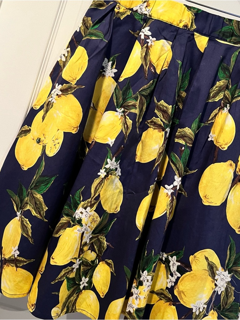 Navy Lemon Fruit Print A-Line Statement Skirt Skater Fun & Flirty Vacation Midi